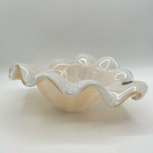 Vintage "White Cristal" Murano Scalloped Edge Glass Iridescent Bowl, 10”X8”